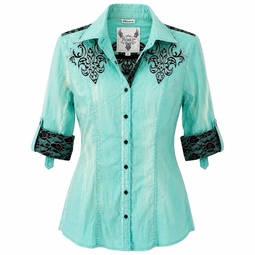 ROAR Womens Medium Shirt Button Up Tunic Acid Wash Embroidery Western Rhinestone